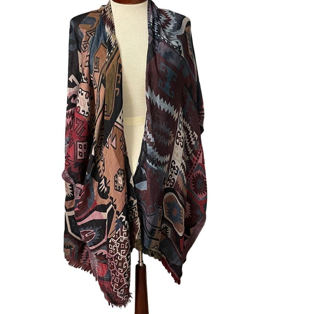 Quagga Open Front Draped Cardigan Shawl Boho Southwestern Aztec Print Fringe OS
